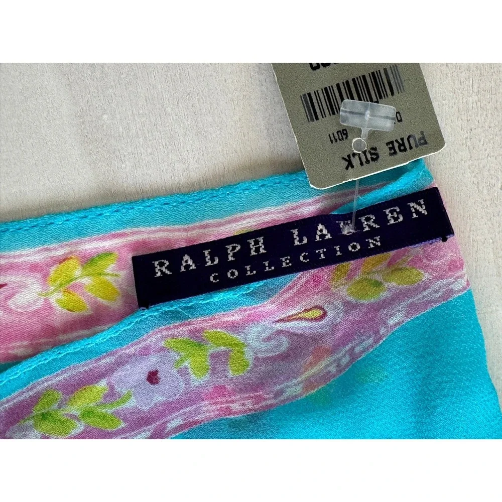 Ralph Lauren Collection Black Label Silk Floral Square Scarf Turquoise Blue 20in